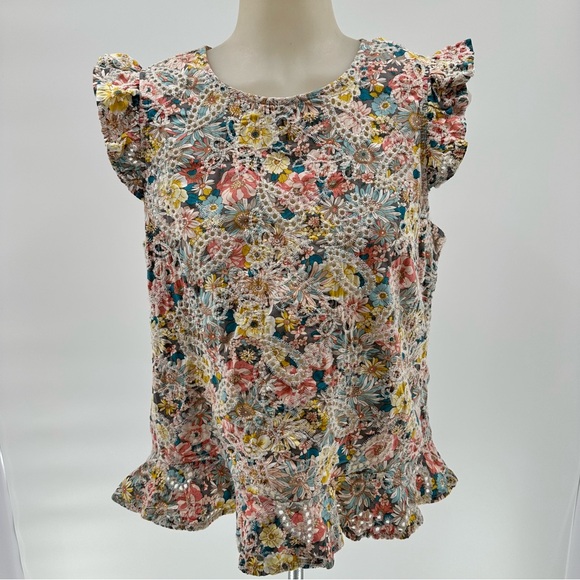 Solitaire Sz M Pink Yellow Flutter Sleeve Ruffled Blouse Embroidered colorful - Picture 12 of 12